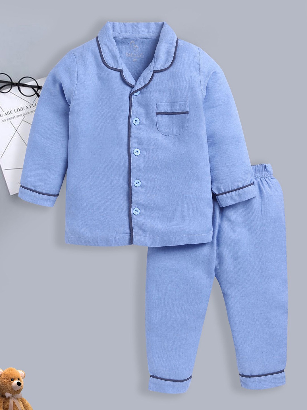 

BABY GO Boys Shirt Collar Long Sleeves Pure Cotton Shirt With Pyjama, Blue