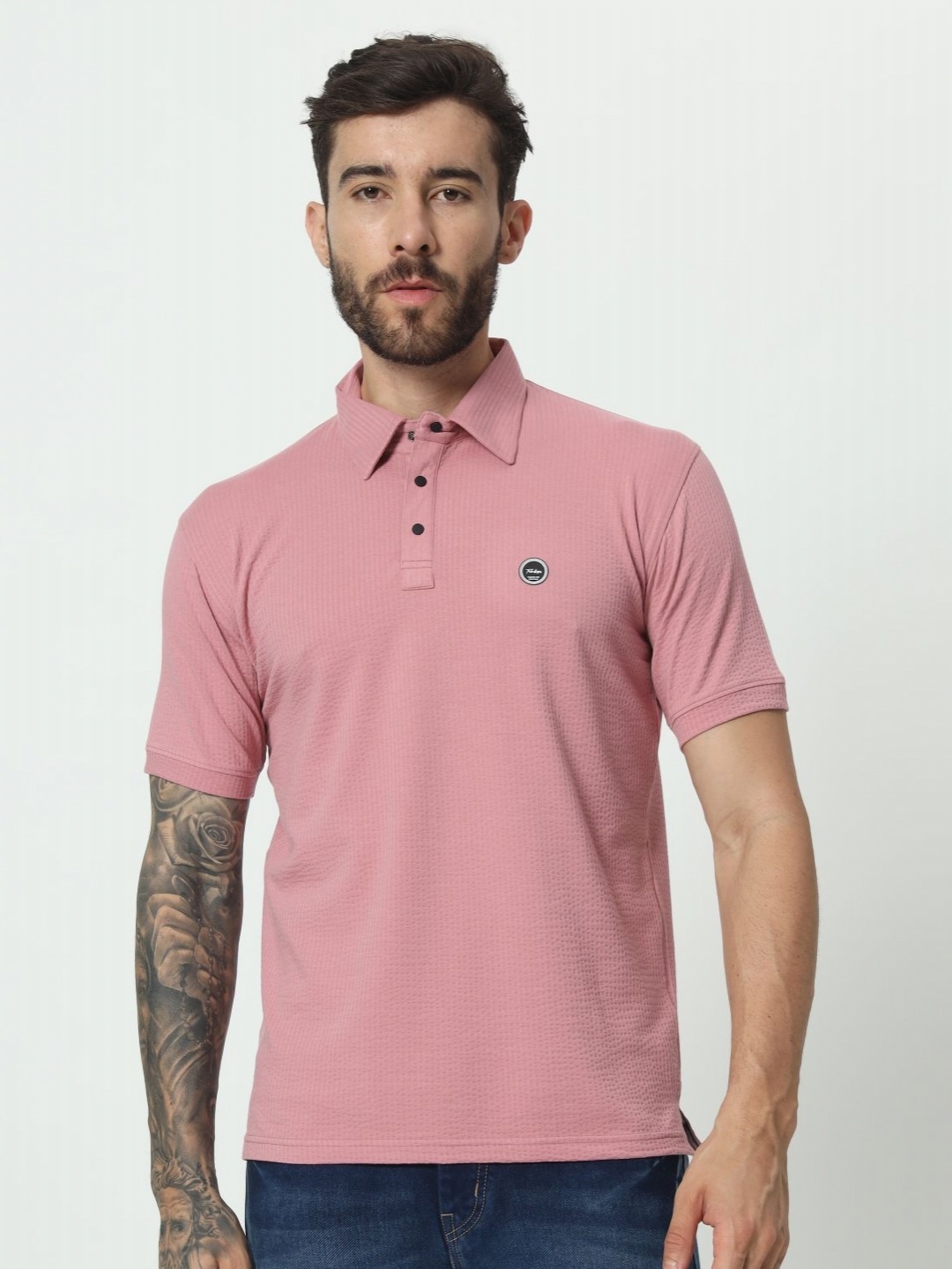 

TAB91 Men Self Design Polo Collar Cotton T-shirt, Peach