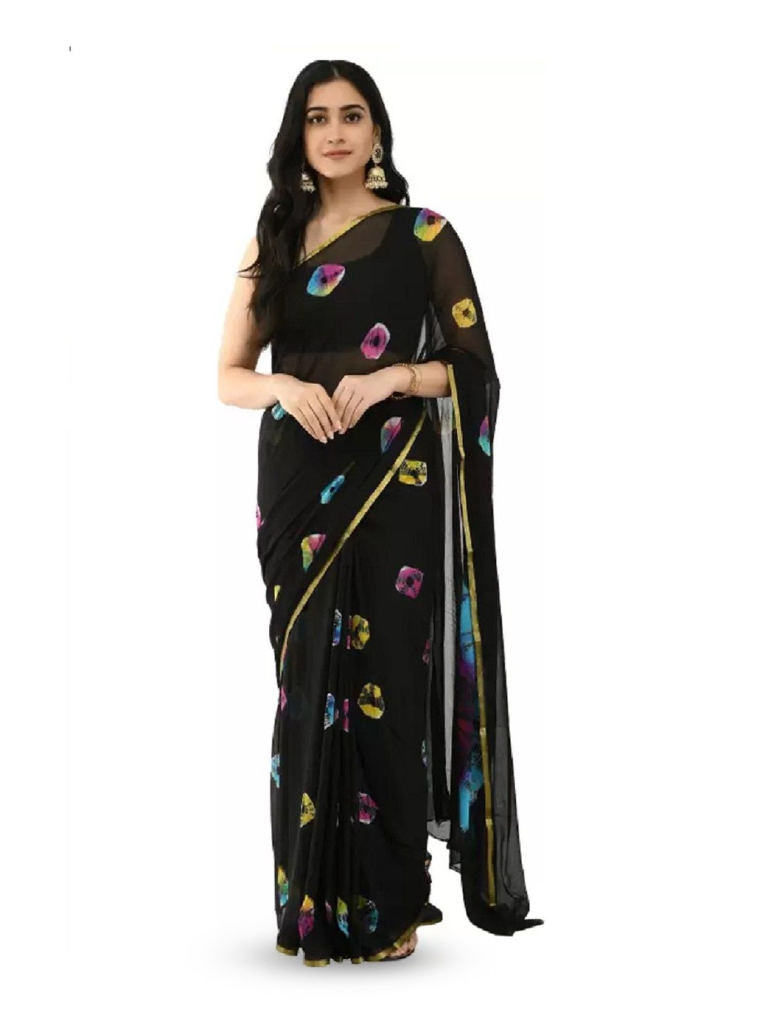 

Reboot Fashions Tie and Dye Zari Pure Chiffon Saree, Black