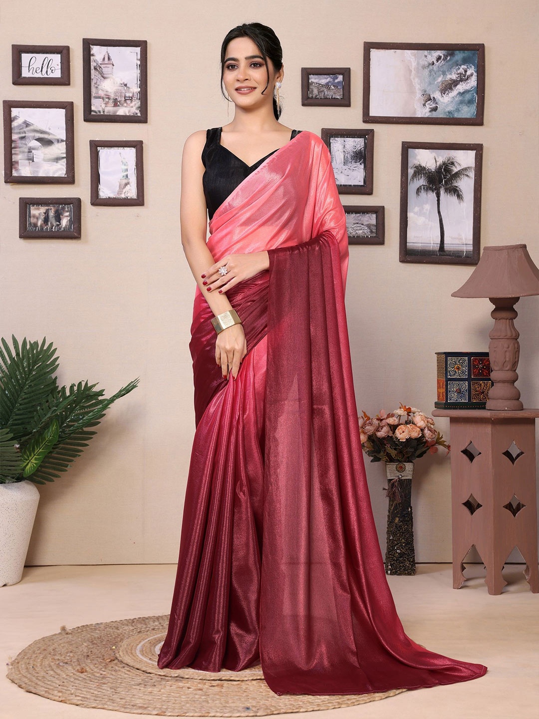 

LeeliPeeri Designer Ombre Dyed Pure Chiffon Ready to Wear Saree, Pink