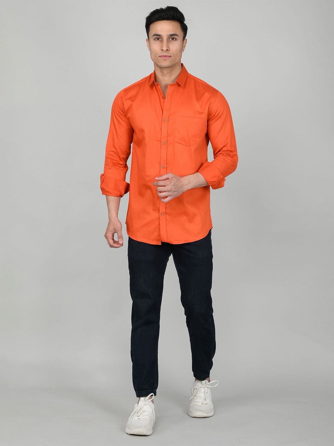 

Tanip Men Spread Collar Solid Cotton Casual Shirt, Orange