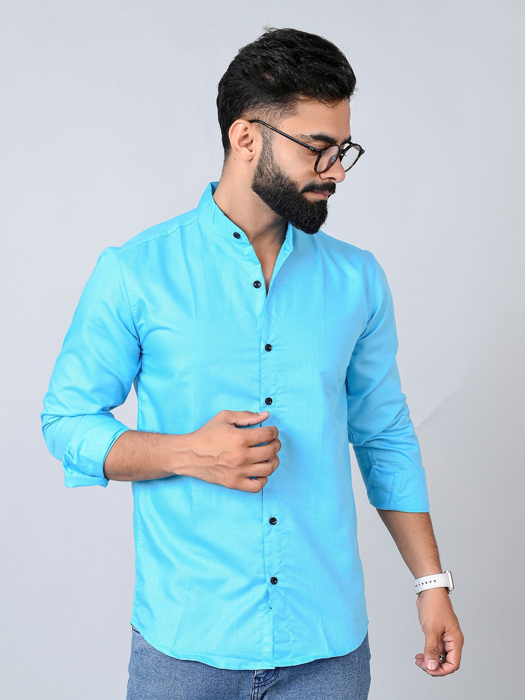 

Tanip Men Mandarin Collar Solid Cotton Casual Shirt, Blue