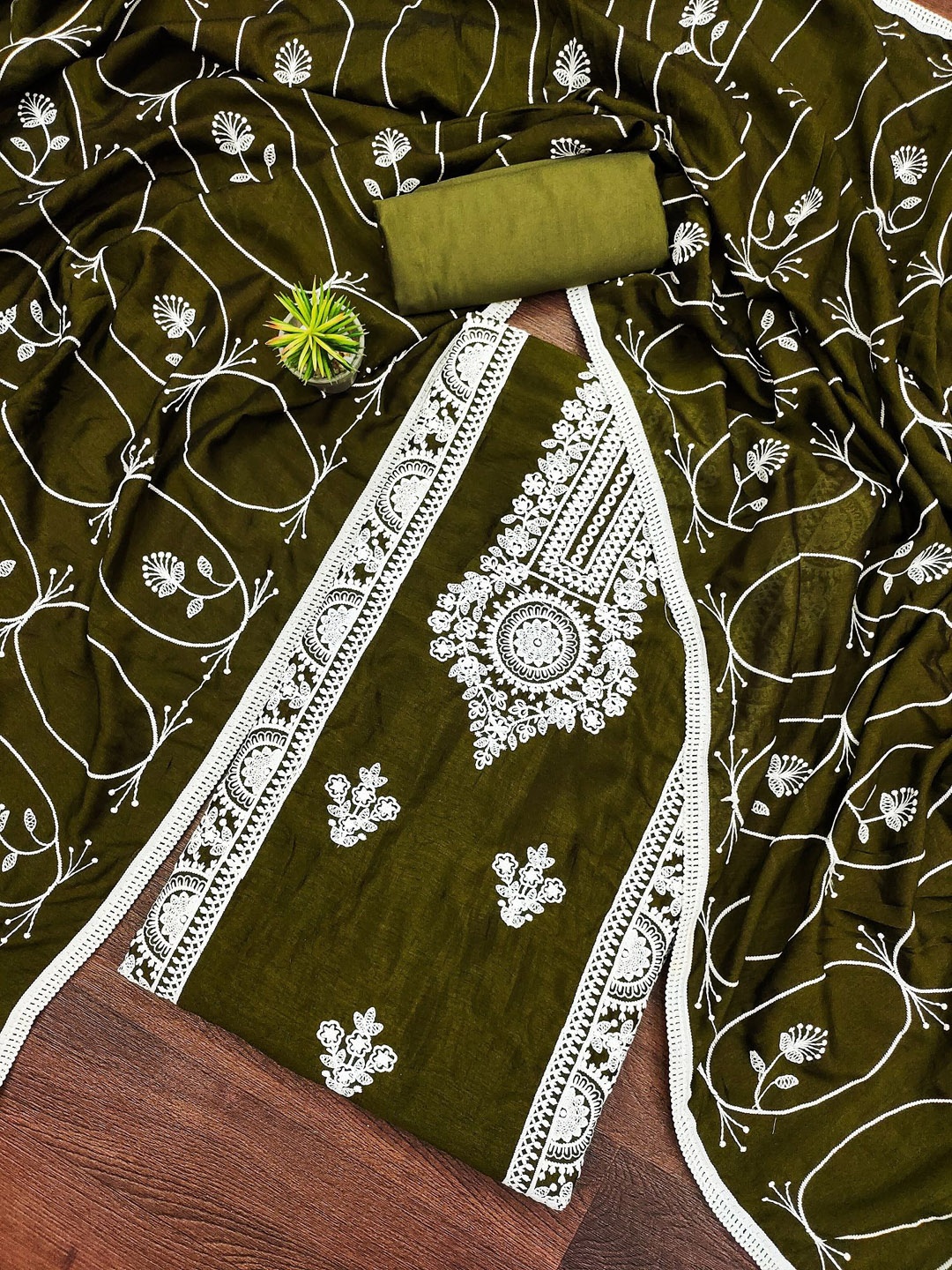 

JULEE Floral Embroidered Pure Silk Unstitched Dress Material, Olive