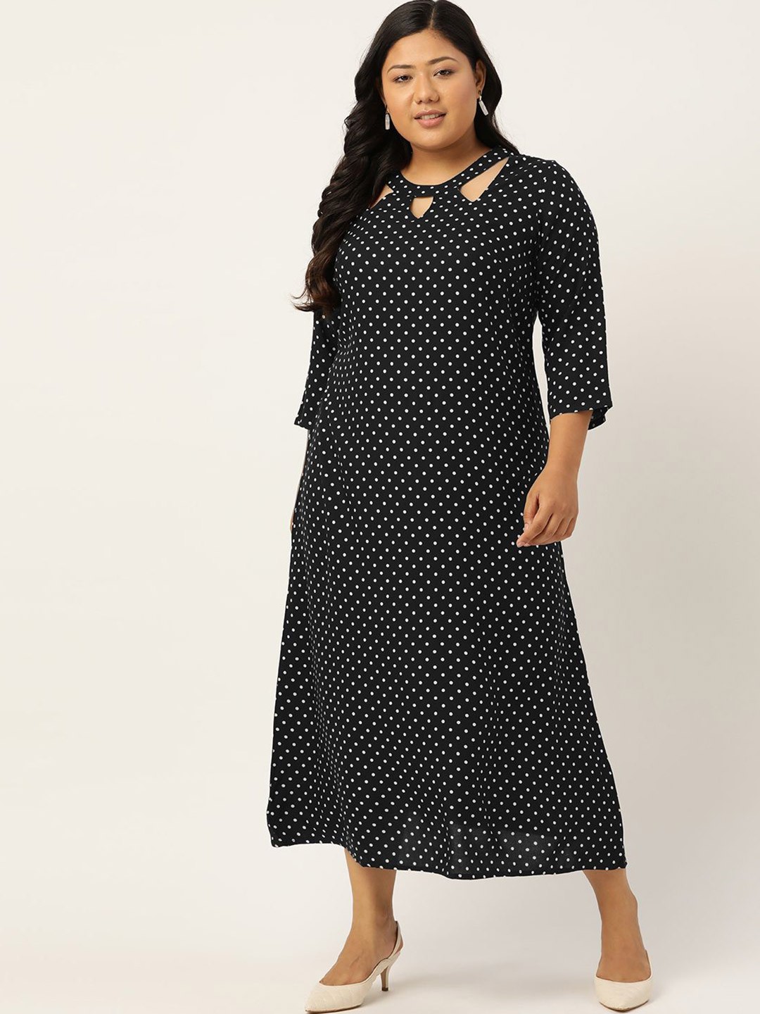 

theRebelinme Women Plus Size Polka Dot Printed A-Line Midi Dress, Black