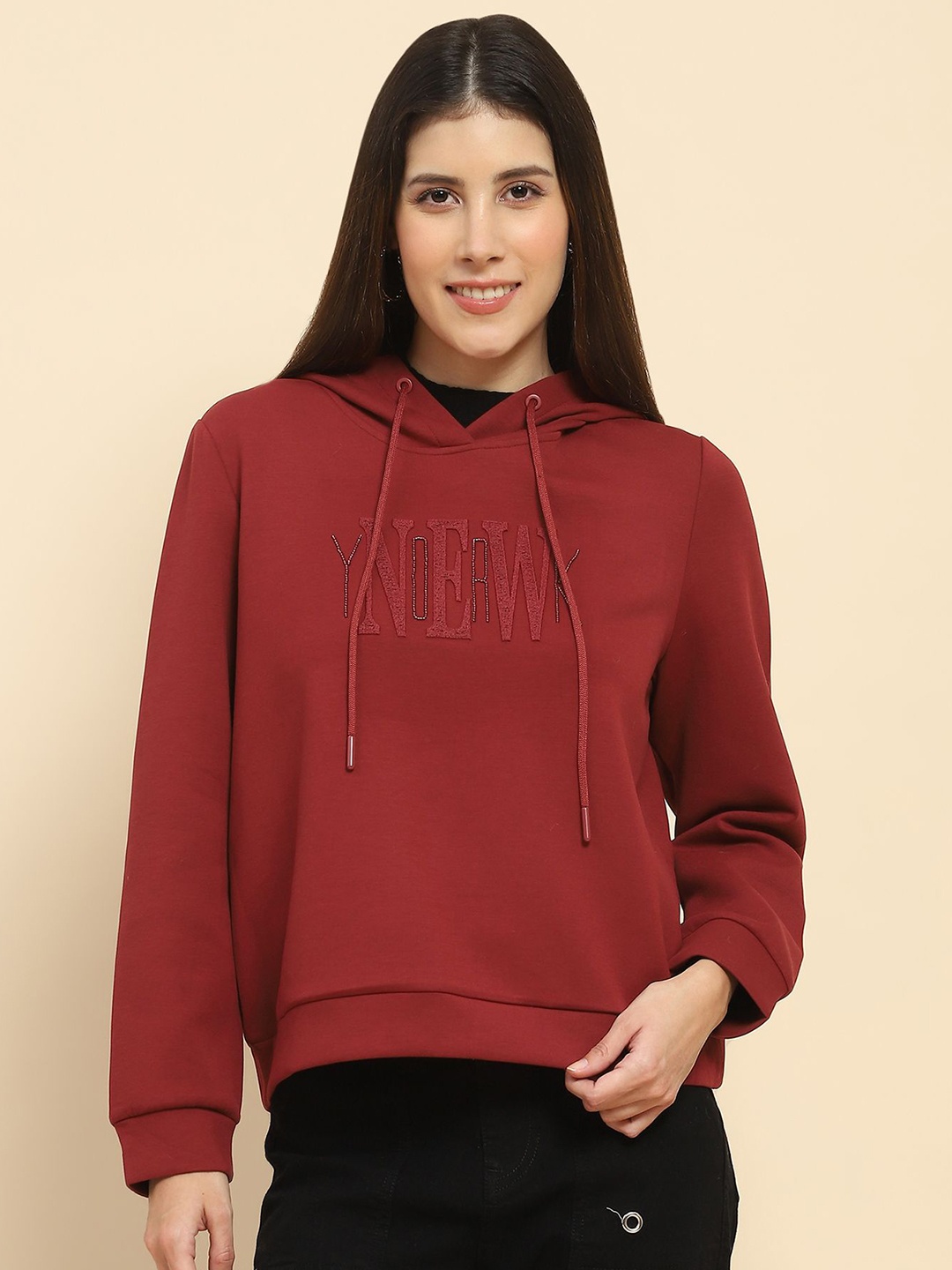 

Global Republic Women Typography Embroidered Hooded Sweatshirt, Maroon