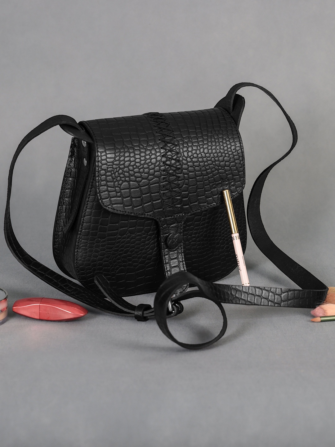 

Celtic Women Self Design Leather Miniature Sling Bag, Black