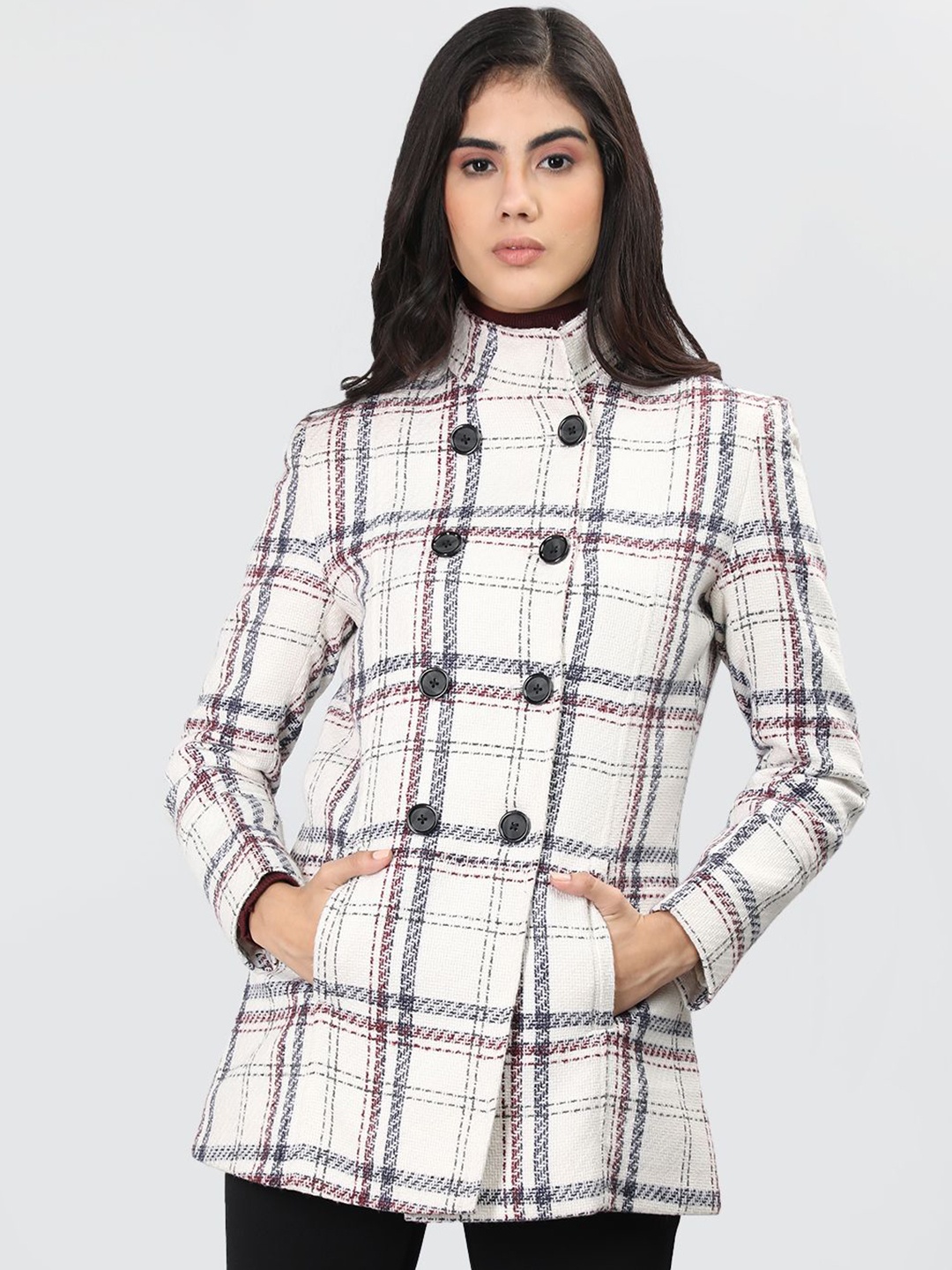 

LURE URBAN Women Checked Double-Breasted Overcoats, Off white