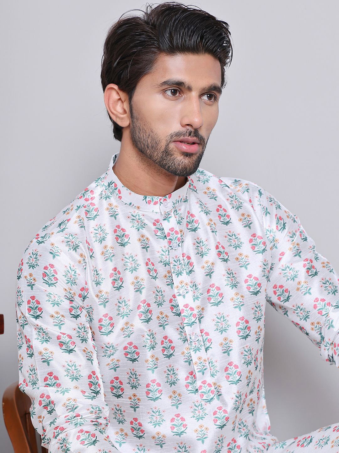 

Jompers Band Collar Floral Printed Straight Cotton Silk Kurta, White