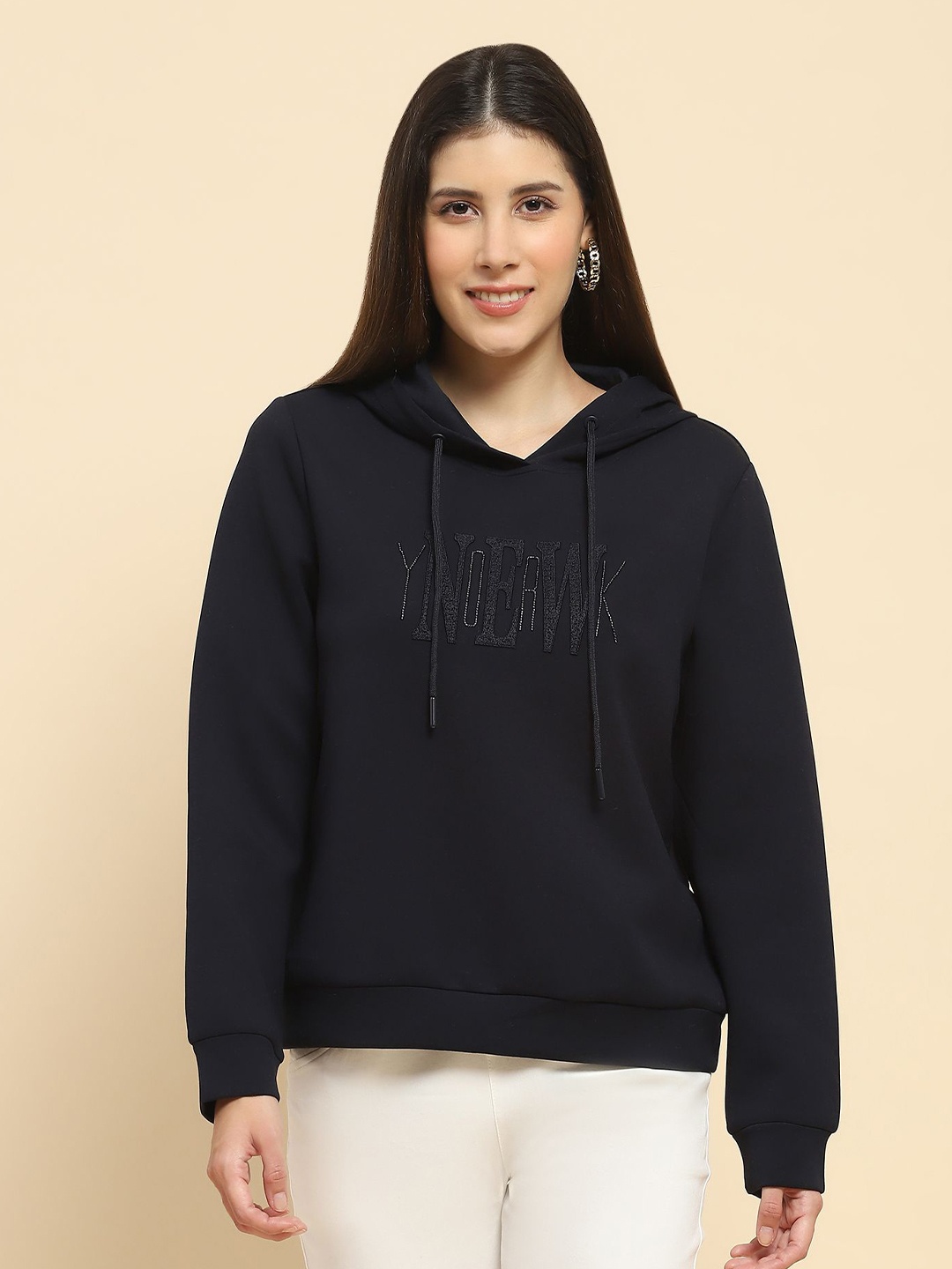 

Global Republic Women Typography Embroidered Hooded Sweatshirt, Blue
