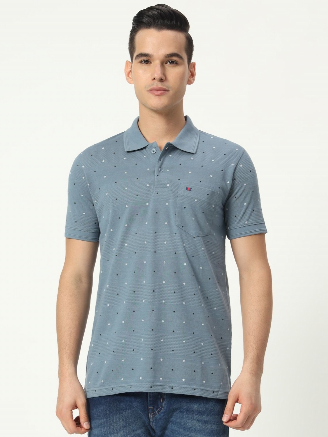 

TAB91 Men Self Design Polo Collar Cotton T-shirt, Blue