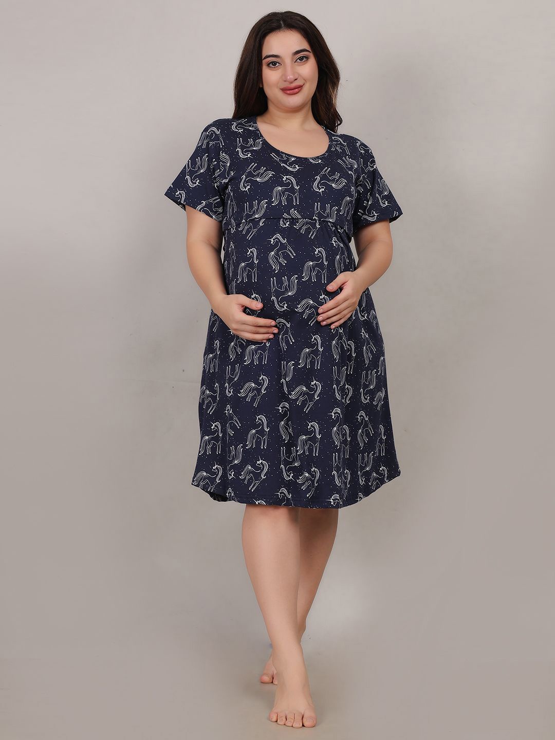 

Fabme Women Printed Pure Cotton Maternity Nightdress, Navy blue