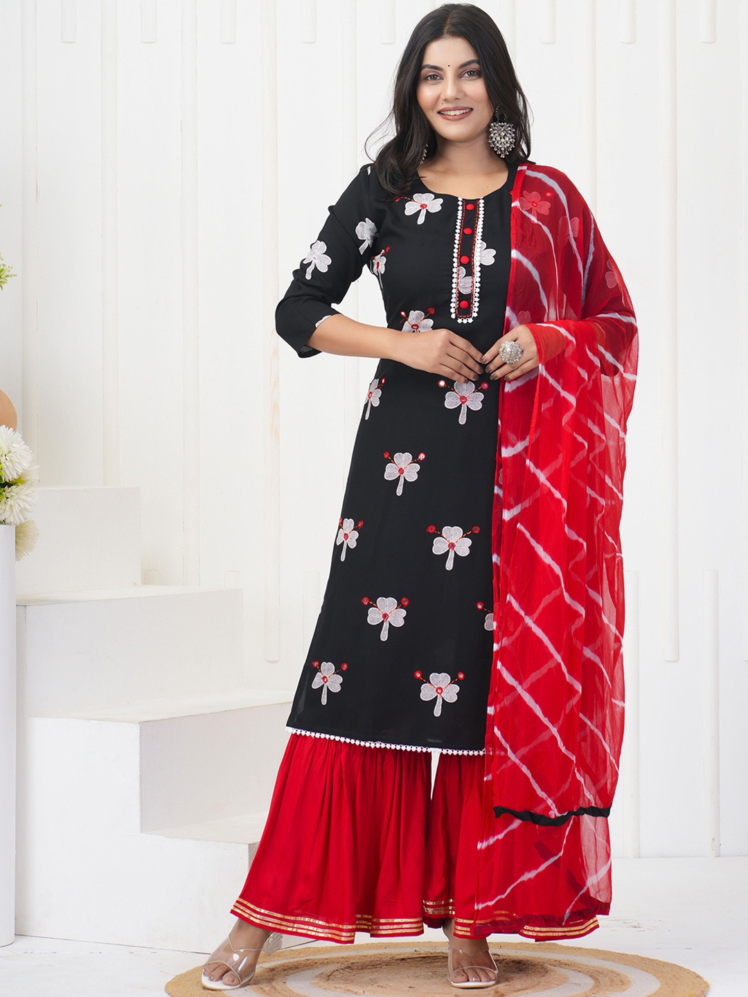 

KALINI Floral Printed Mirror Work Straight Kurta With Sharara & Dupatta, Black