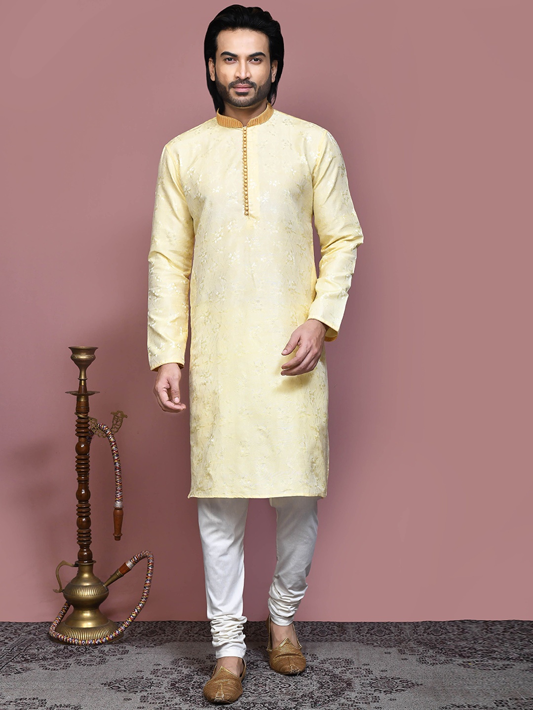 

RANAK Mandarin Collar Floral Printed Thread Work Straight Cotton Kurta, Gold