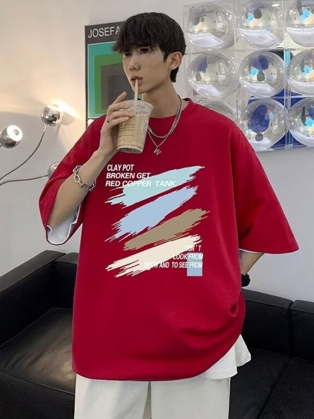 

HERE&NOW Men Graphic Printed Round Neck Cotton Oversized T-shirt, Red
