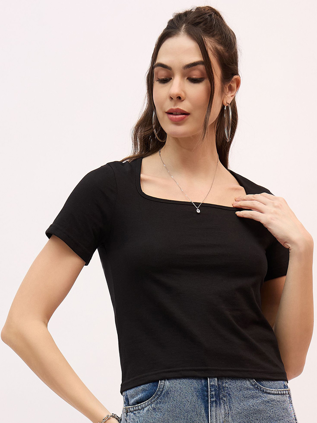 

Mayra Women Solid Scoop Neck Cotton T-shirt, Black