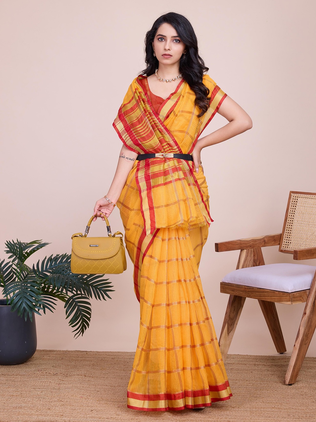 

Mitera Checked Zari Saree, Yellow