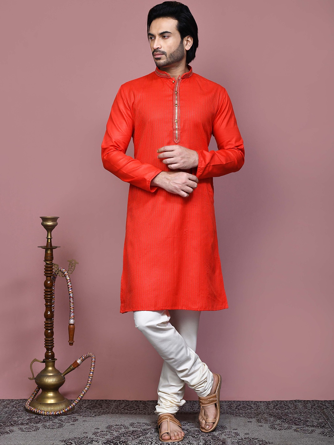 

RANAK Striped Mandarin Collar Long Sleeves Regular Straight Kurta, Orange