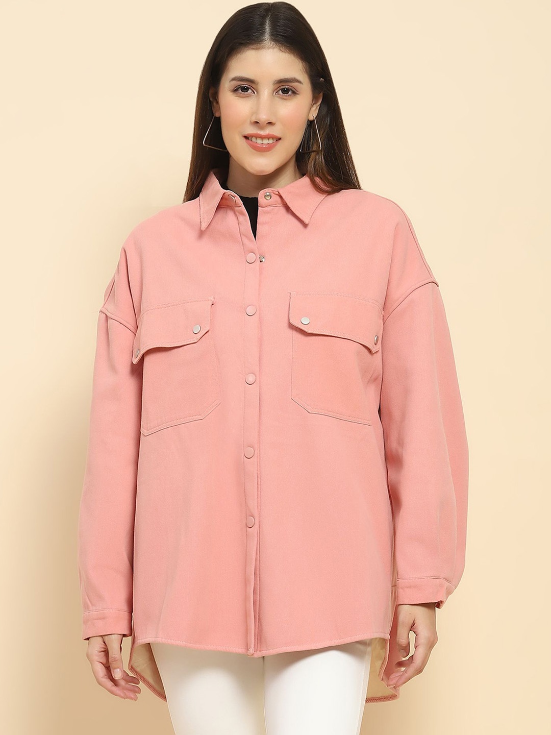 

Global Republic Women Spread Collar Solid Cotton Casual Tailored Jacket, Pink