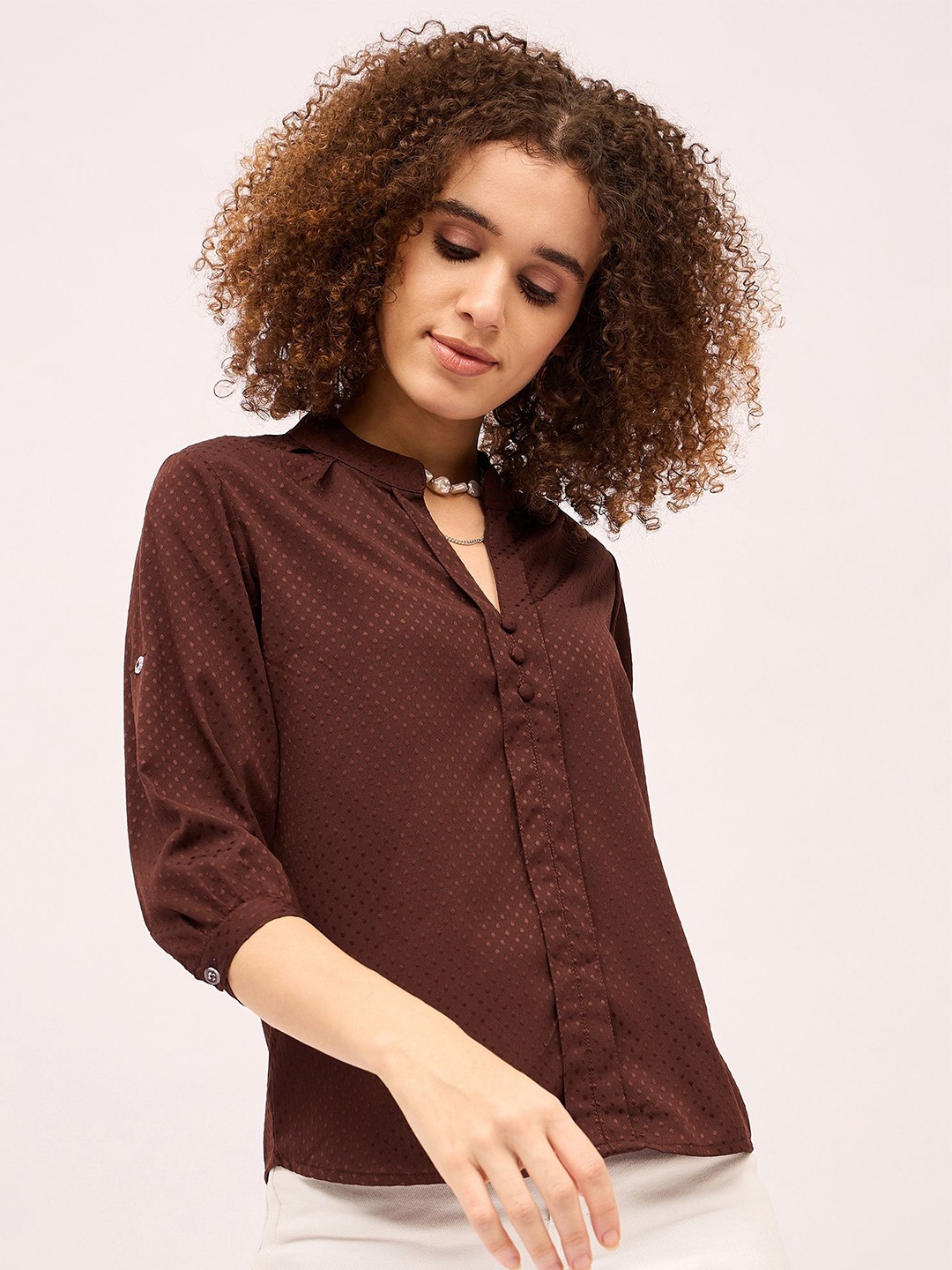 

Mayra Women Mandarin Collar Roll-Up Sleeves Shirt Style Top, Brown