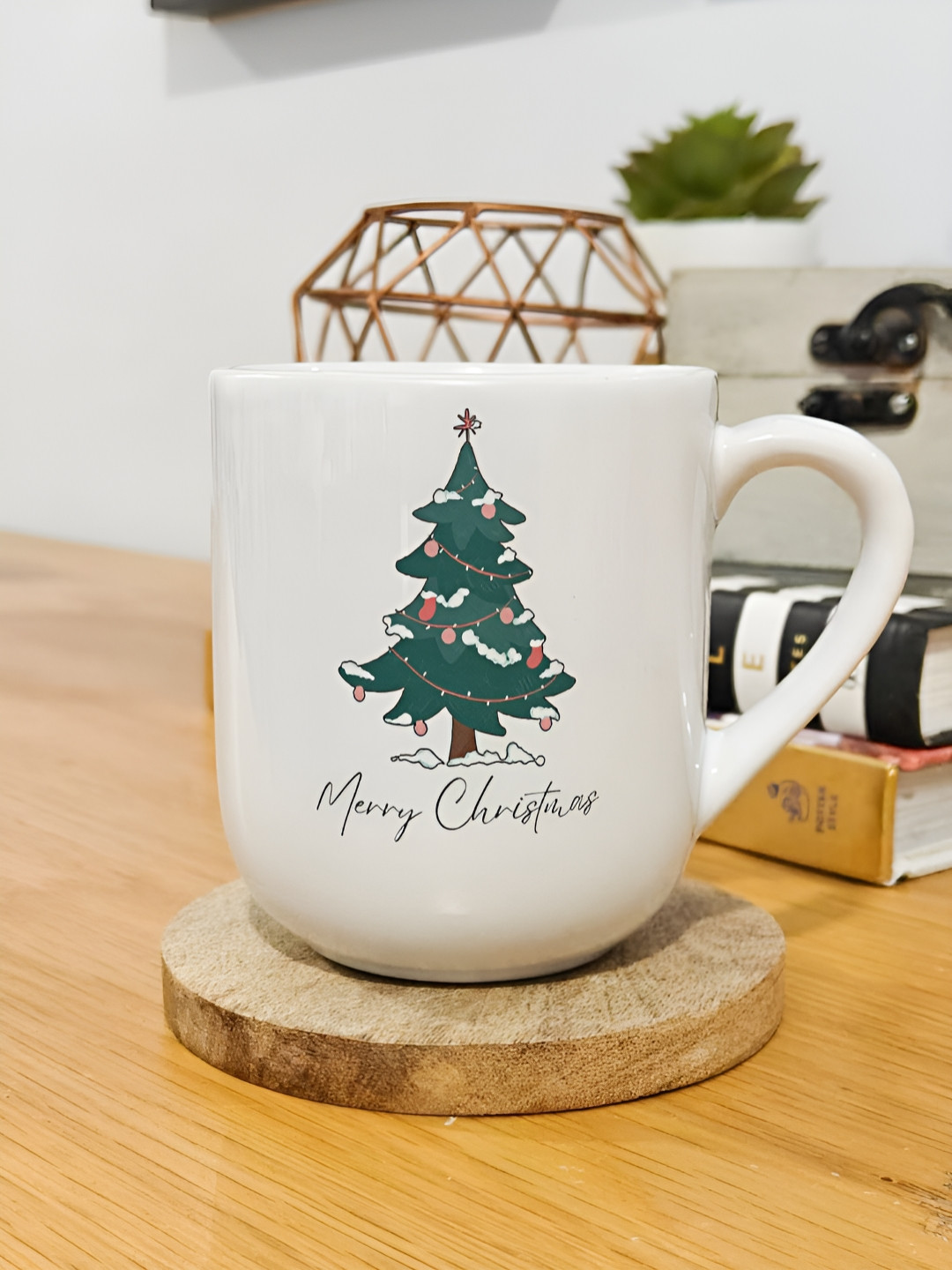 

One Posh Home White & Green Christmas Tree Printed Ceramic Mug 250ml