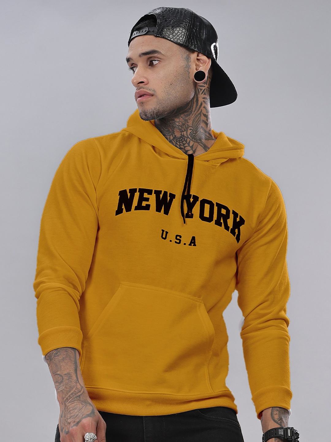 

STI Men Typography Printed Hooded Pullover Sweatshirt, Yellow