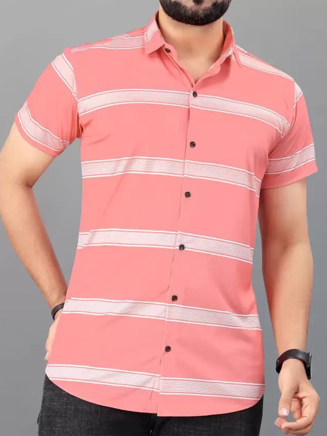 

STI Men Classic Spread Collar Horizontal Striped Casual Shirt, Pink