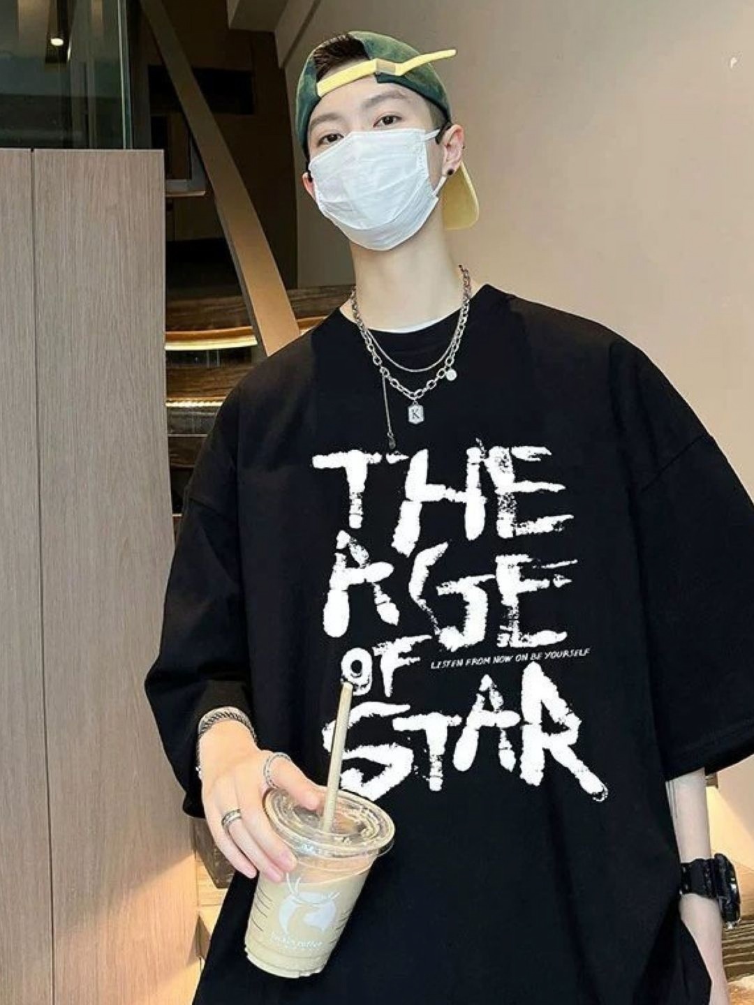 

HERE&NOW Men Typography Printed Round Neck Cotton Oversized T-shirt, Black