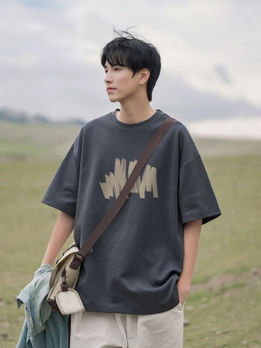 

HERE&NOW Men Graphic Printed Round Neck Cotton Oversized T-shirt, Charcoal