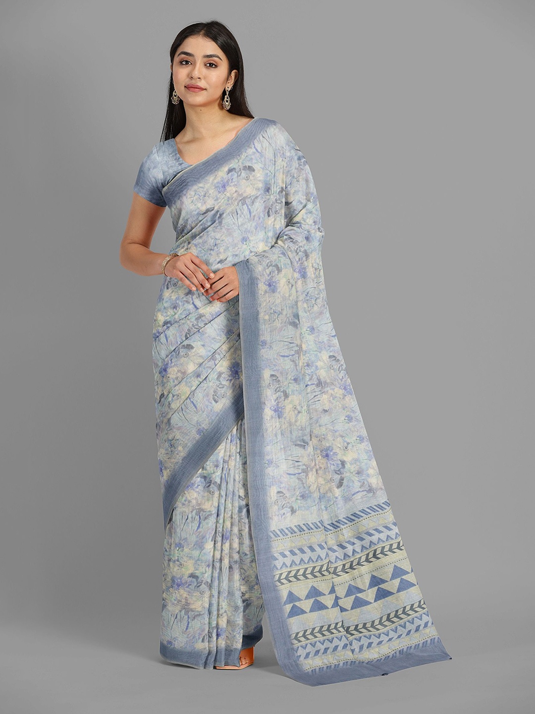 

The Chennai Silks Floral Pure Cotton Fusion Muga Saree, Grey
