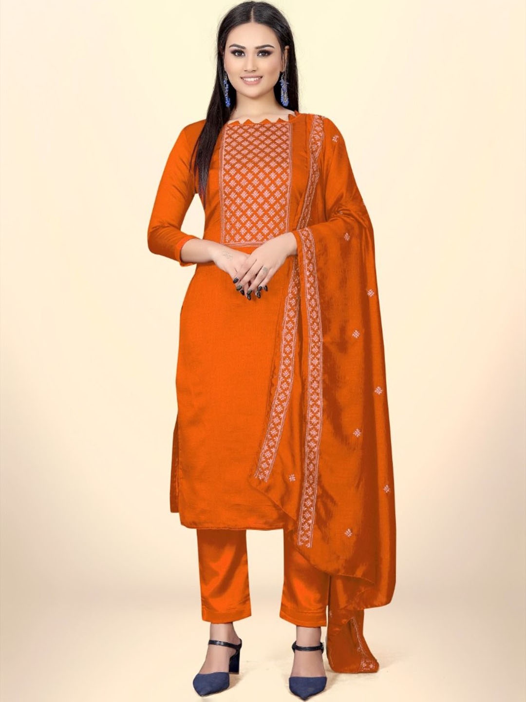 

JULEE Floral Embroidered Sequinned Pure Silk Unstitched Dress Material, Orange