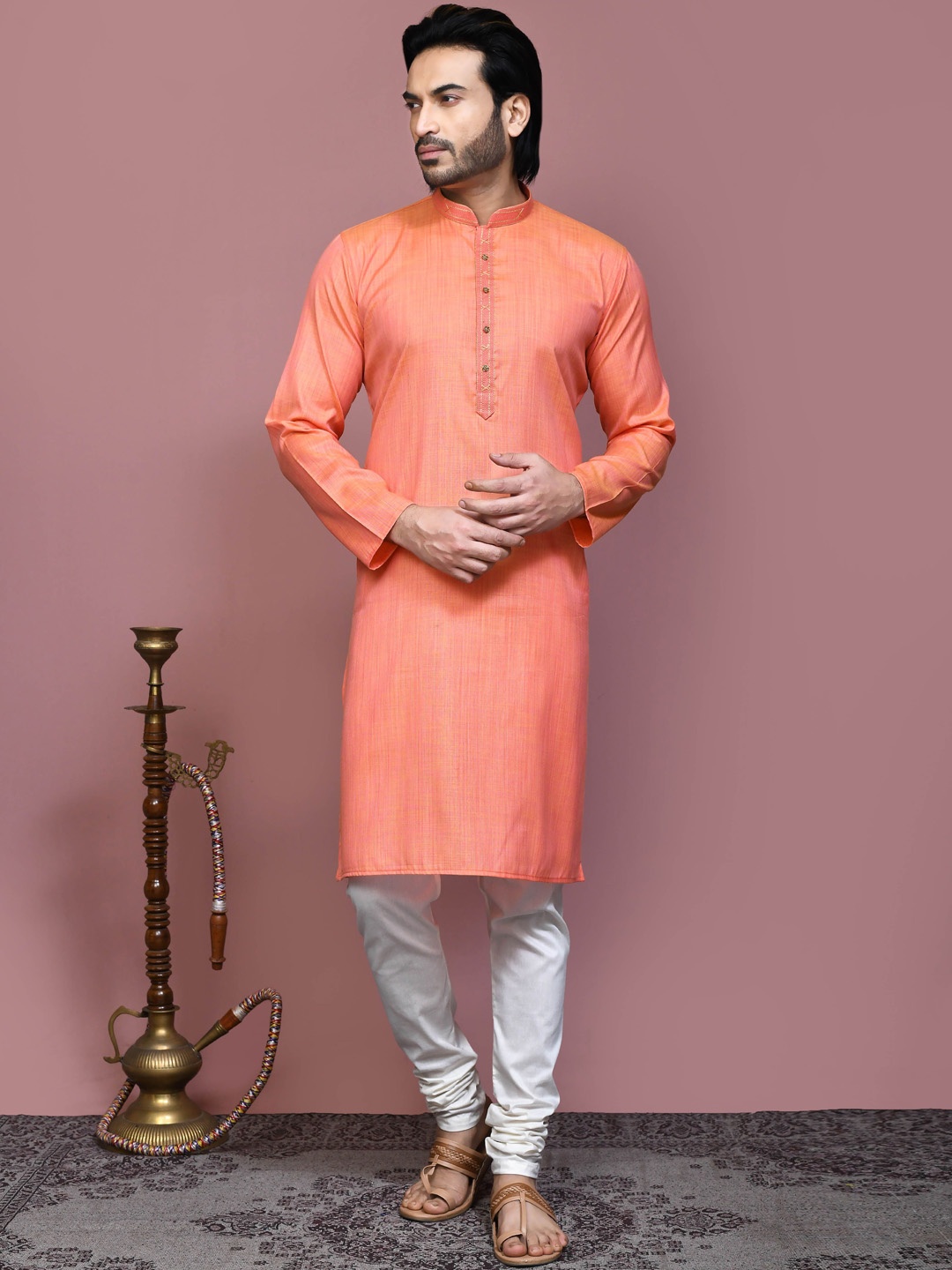 

RANAK Mandarin Collar Thread Work Pure Cotton Straight Kurta, Orange