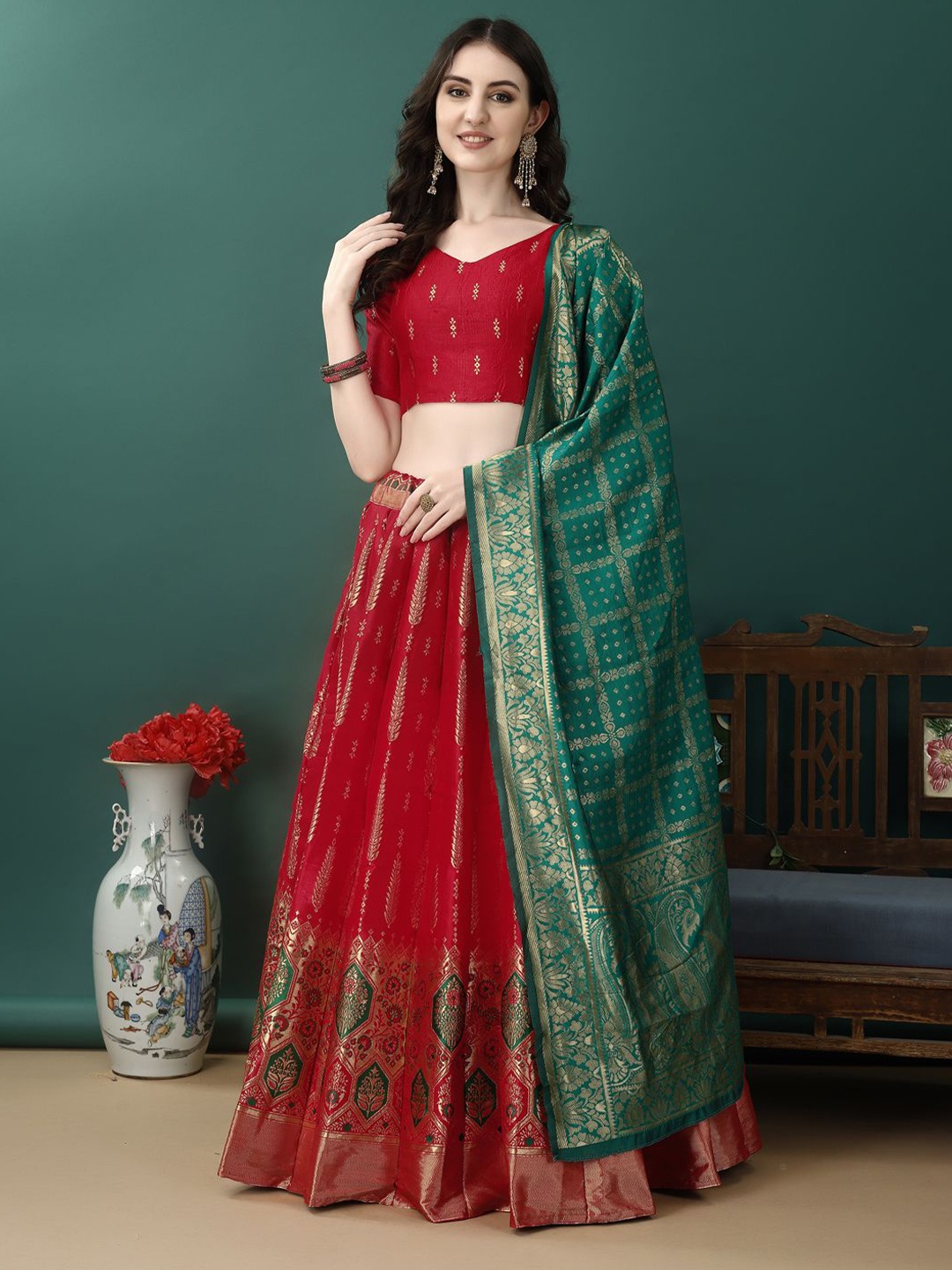 

SWAMI STUDIO Ready to Wear Lehenga & Unstitched Blouse with Dupatta, Red