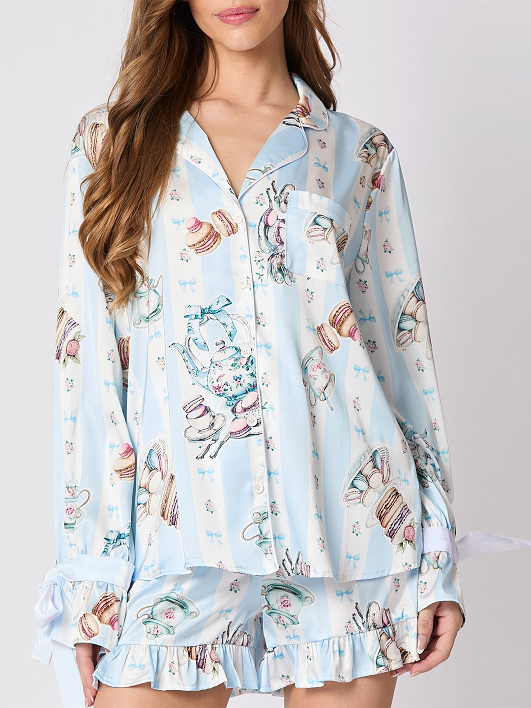 

LULU & SKY Printed Lapel Collar Night Suit, Blue