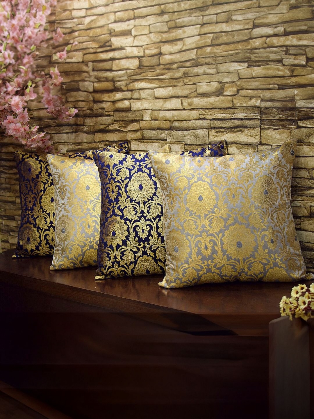 

RoyalDeco Grey & Gold Toned 4 Pieces Embroidered Brocade Silk Square Cushion Covers