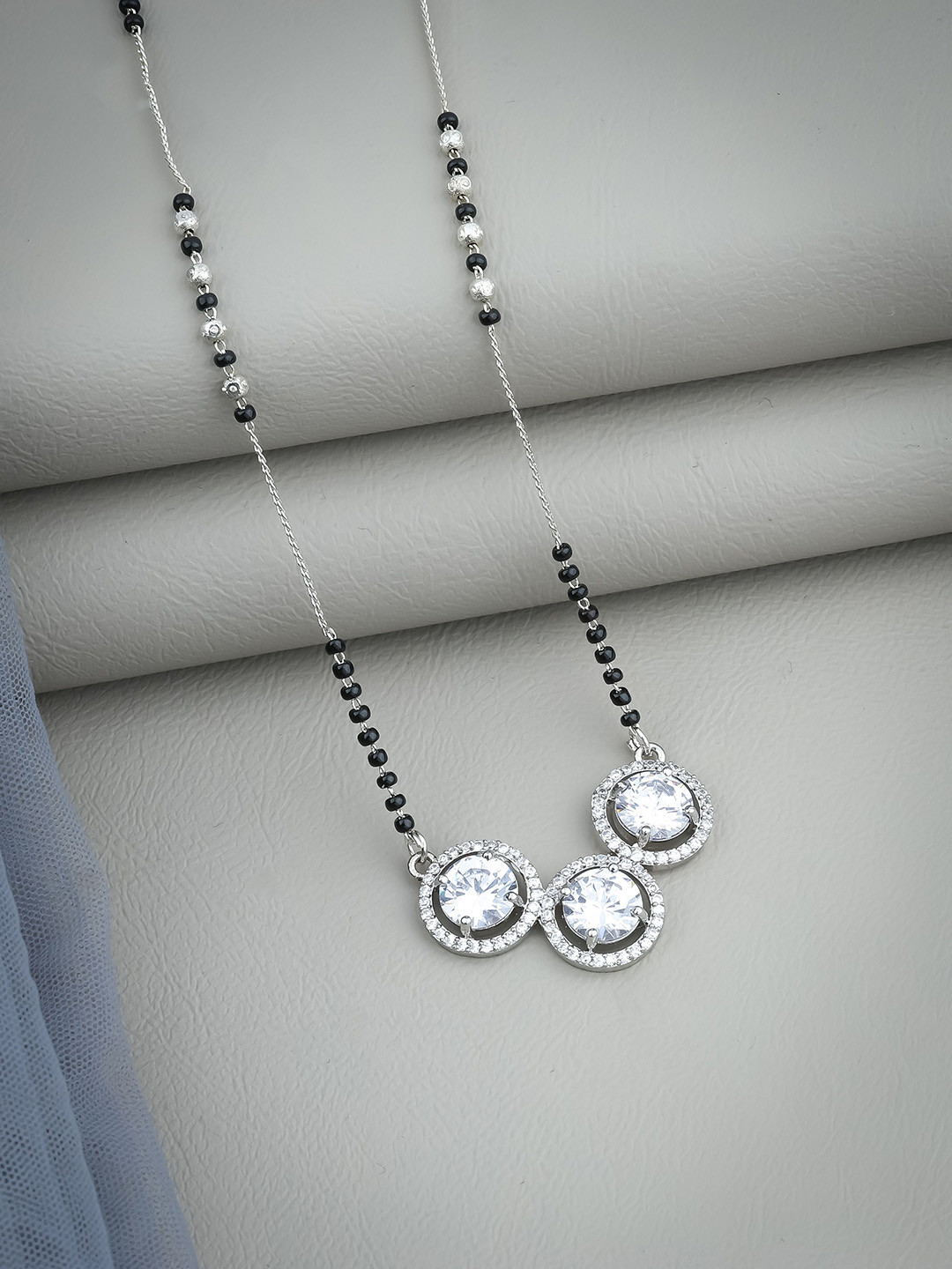 

Wynona Silver-Plated Studded & Beaded Tanmaniya Mangalsutra