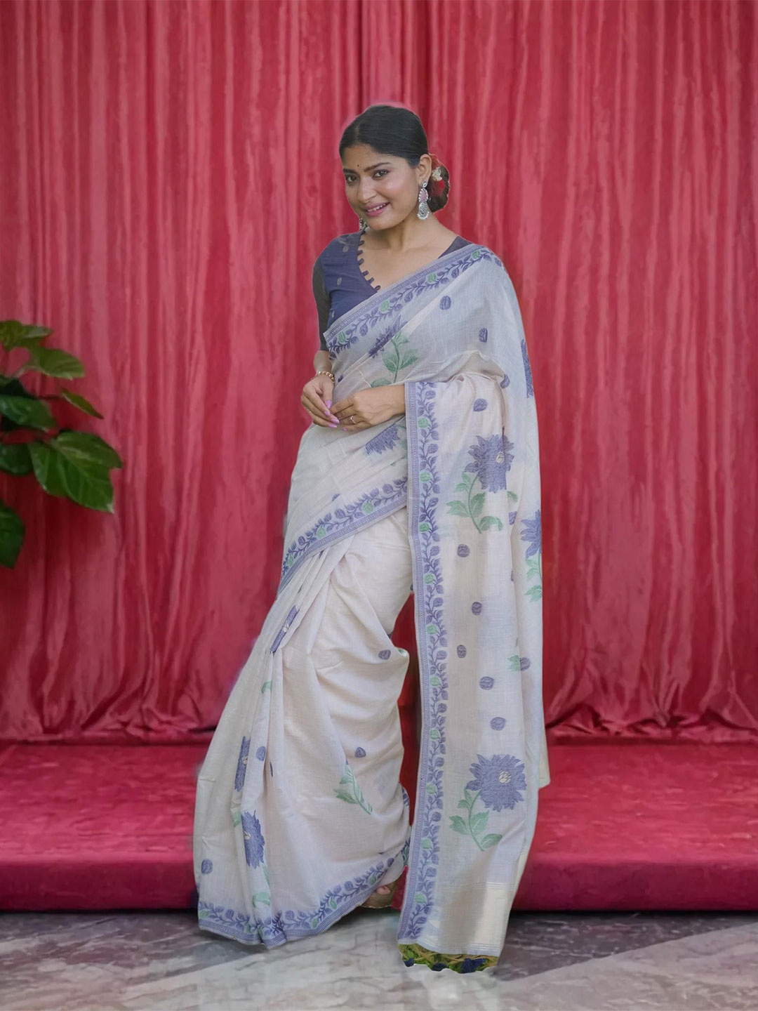 

NK Textiles Floral Muga Saree, Navy blue