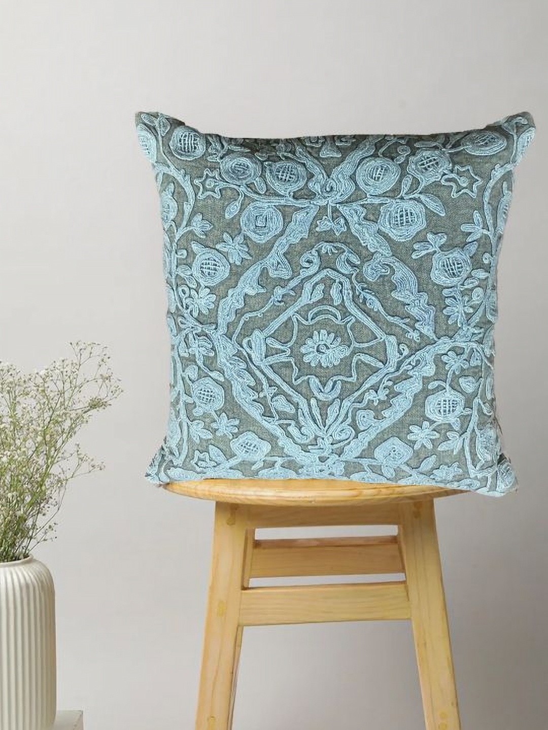 

SAJAVAT Grey & Blue Embroidered Pure Cotton Square Cushion Cover