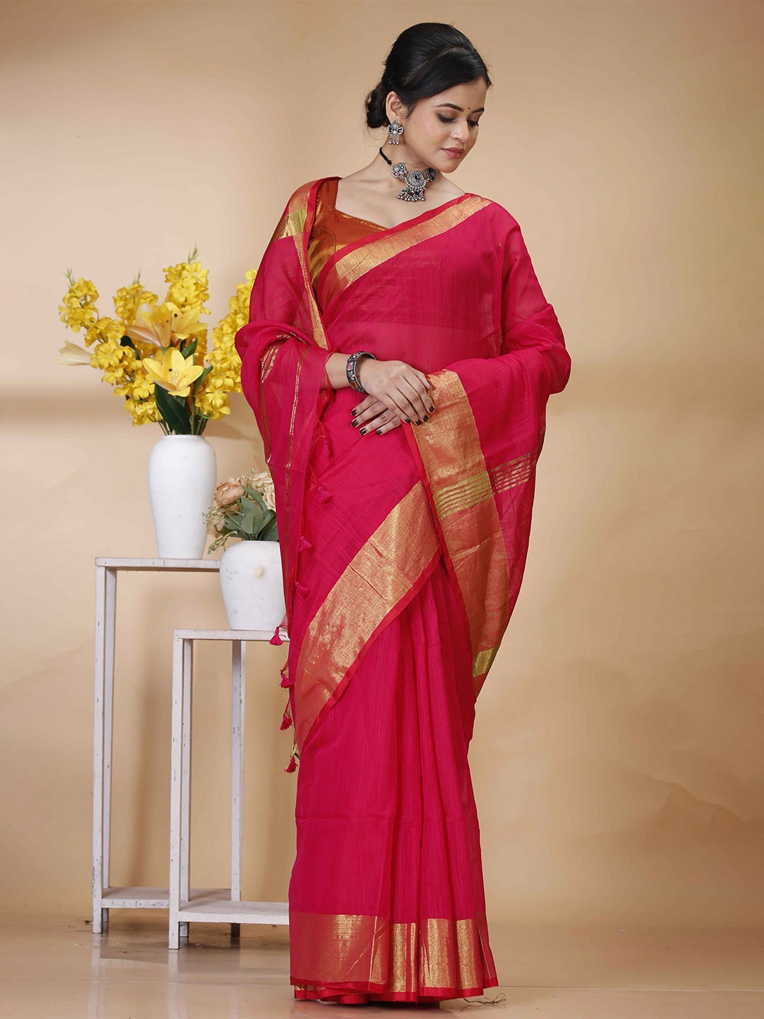 

Ruuprekha Zari Pure Cotton Fusion Khadi Saree, Red