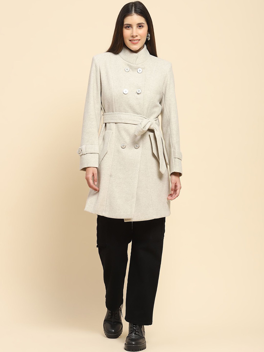 

Global Republic Women Mock Collar Single-Breasted Pea Coat, Beige