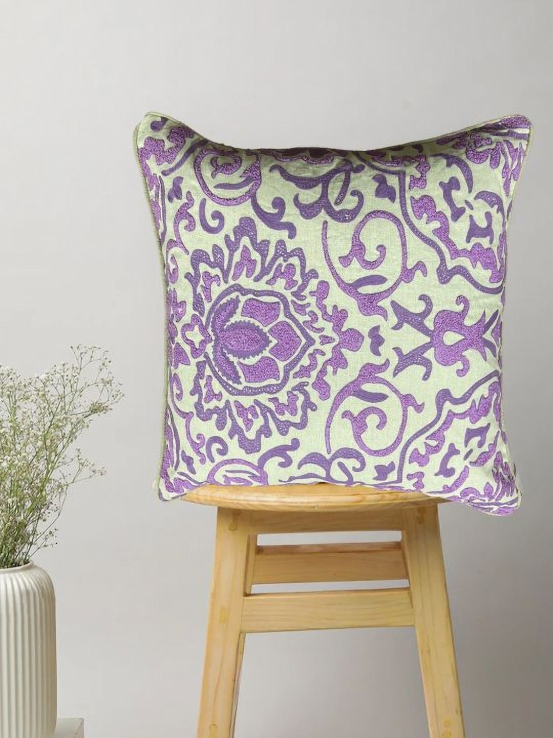 

SAJAVAT Beige & Purple Embroidered Pure Cotton Square Cushion Cover