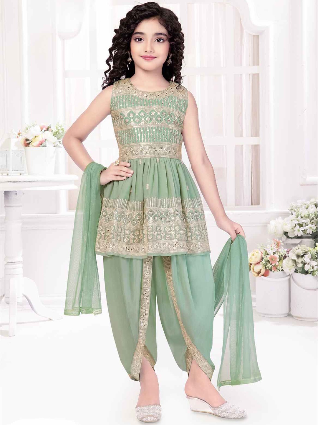 

Lagorii Girls Ethnic Motifs Embroidered Sequinned Kurti with Dhoti Pants & Dupatta, Green