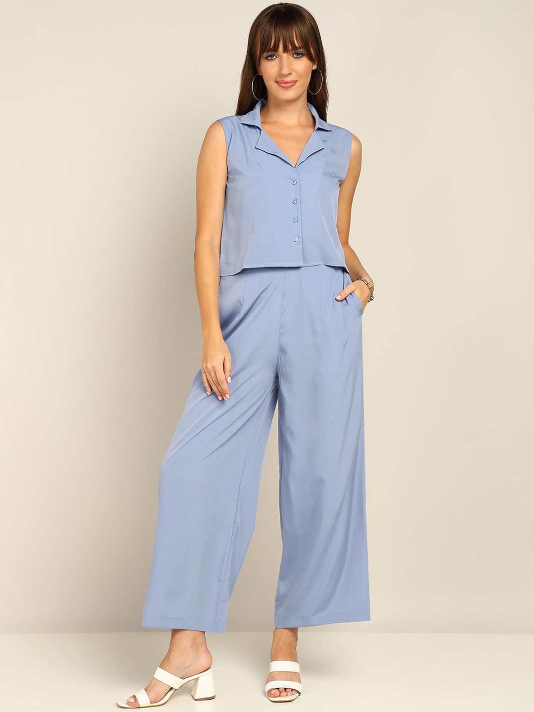 

DressBerry Blue Shirt Collar Sleeveless Shirt With Trouser