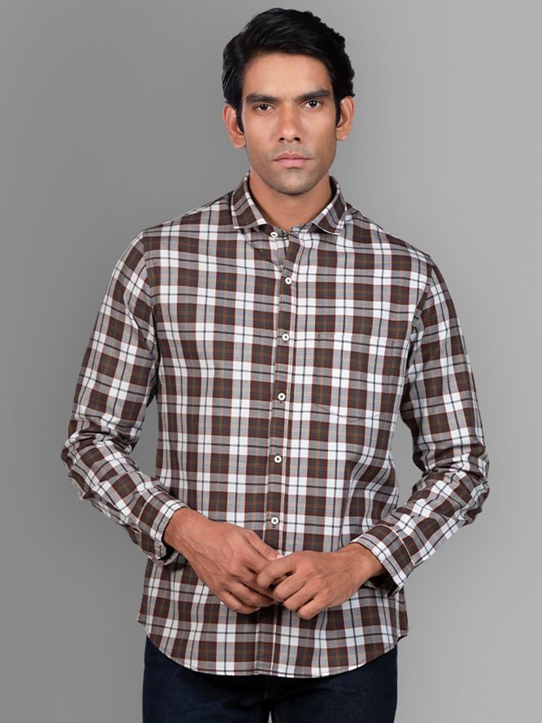 

Beyoung Men Spread Collar Tartan Checked Cotton Slim Fit Casual Shirt, Brown