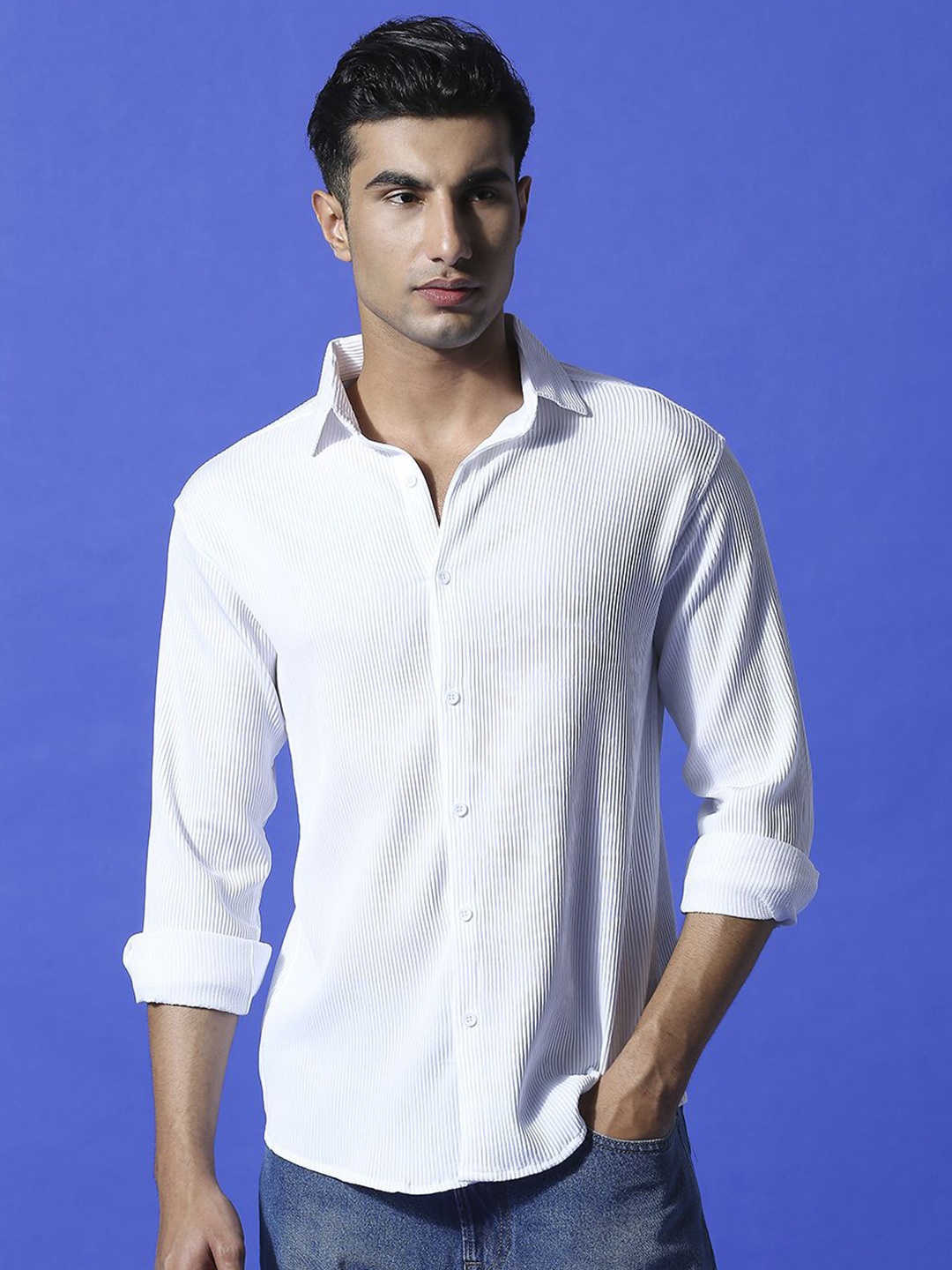 

HERE&NOW Men Spread Collar Textured Polycotton Casual Shirt, White