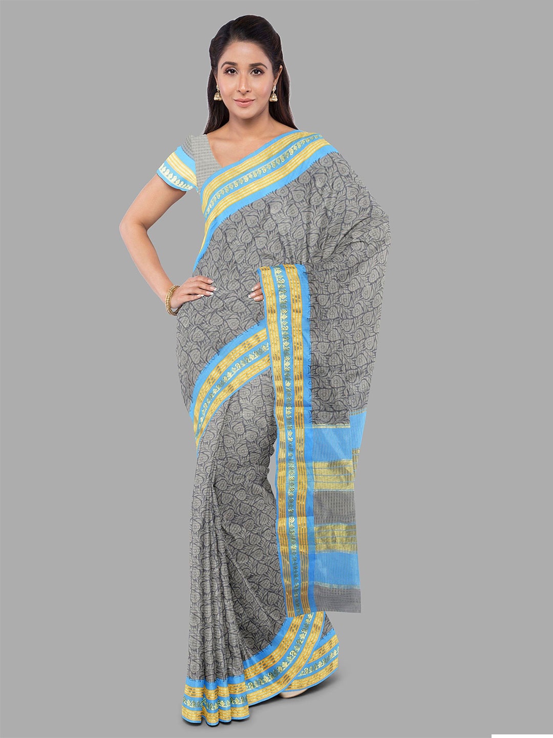 

The Chennai Silks Floral Printed Pure Cotton Muga Saree, Grey