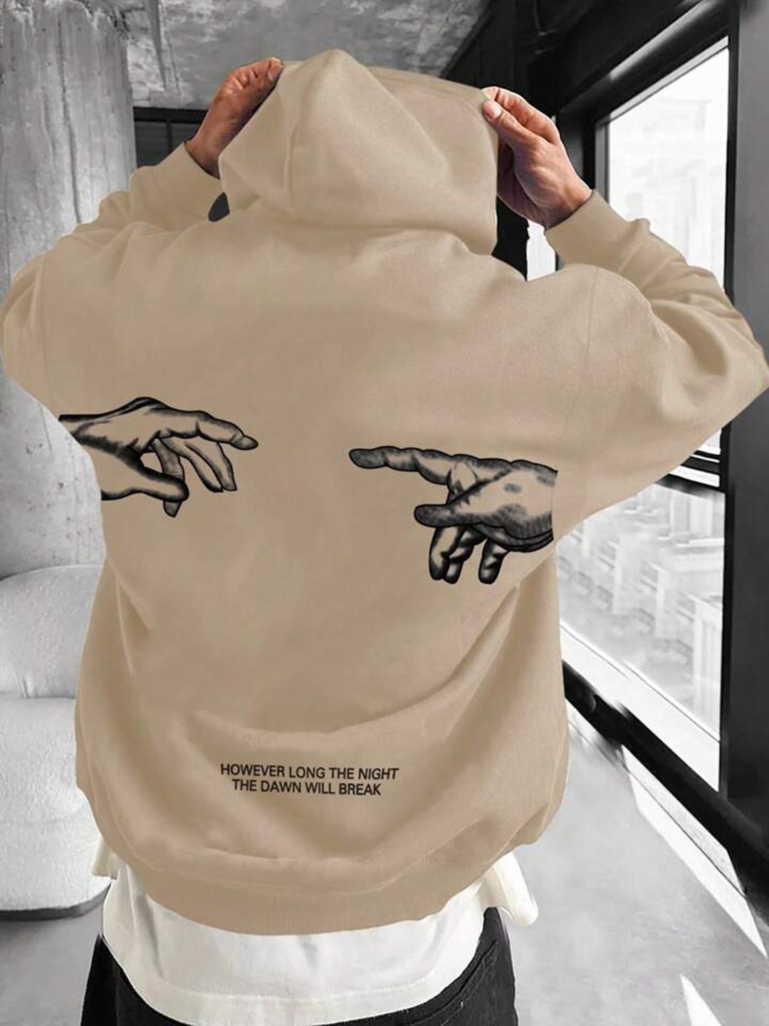 

SAAHASAM Women Printed Hooded Sweatshirt, Beige