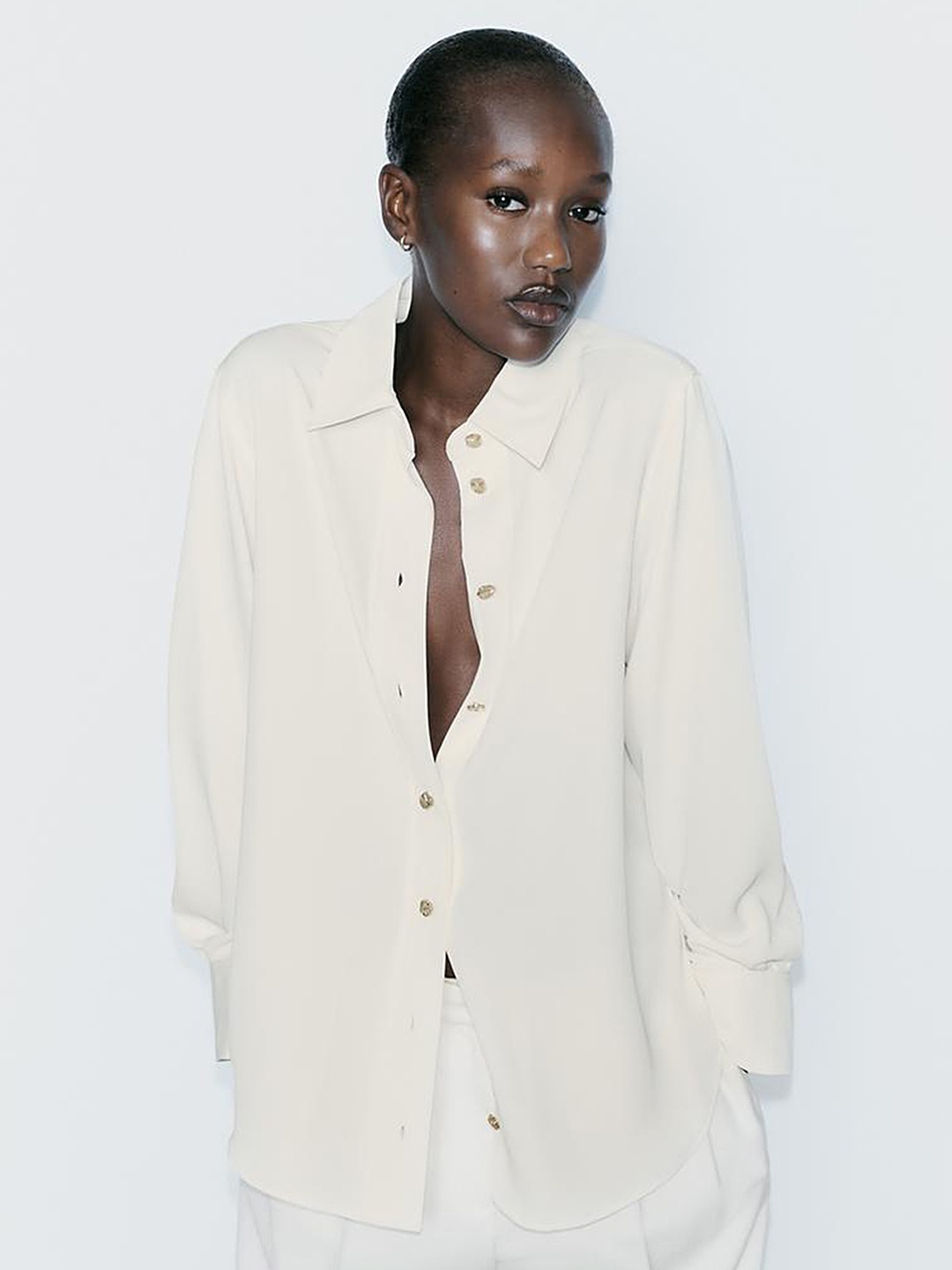 

LULU & SKY Mandarin Collar Roll-Up Sleeves Shirt Style Top, Off white