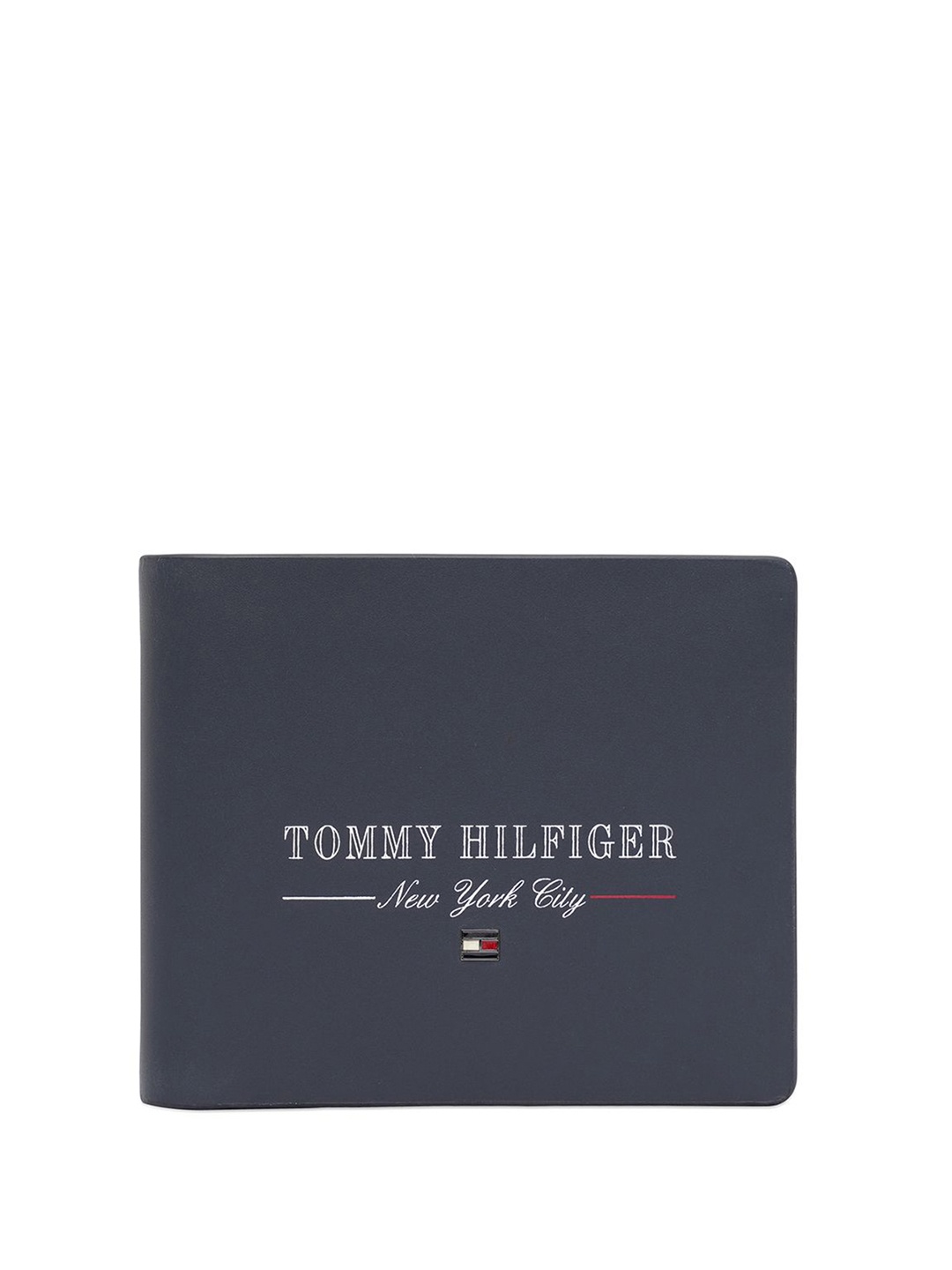 

Tommy Hilfiger Men Typography Printed Leather Two Fold Wallet, Navy blue