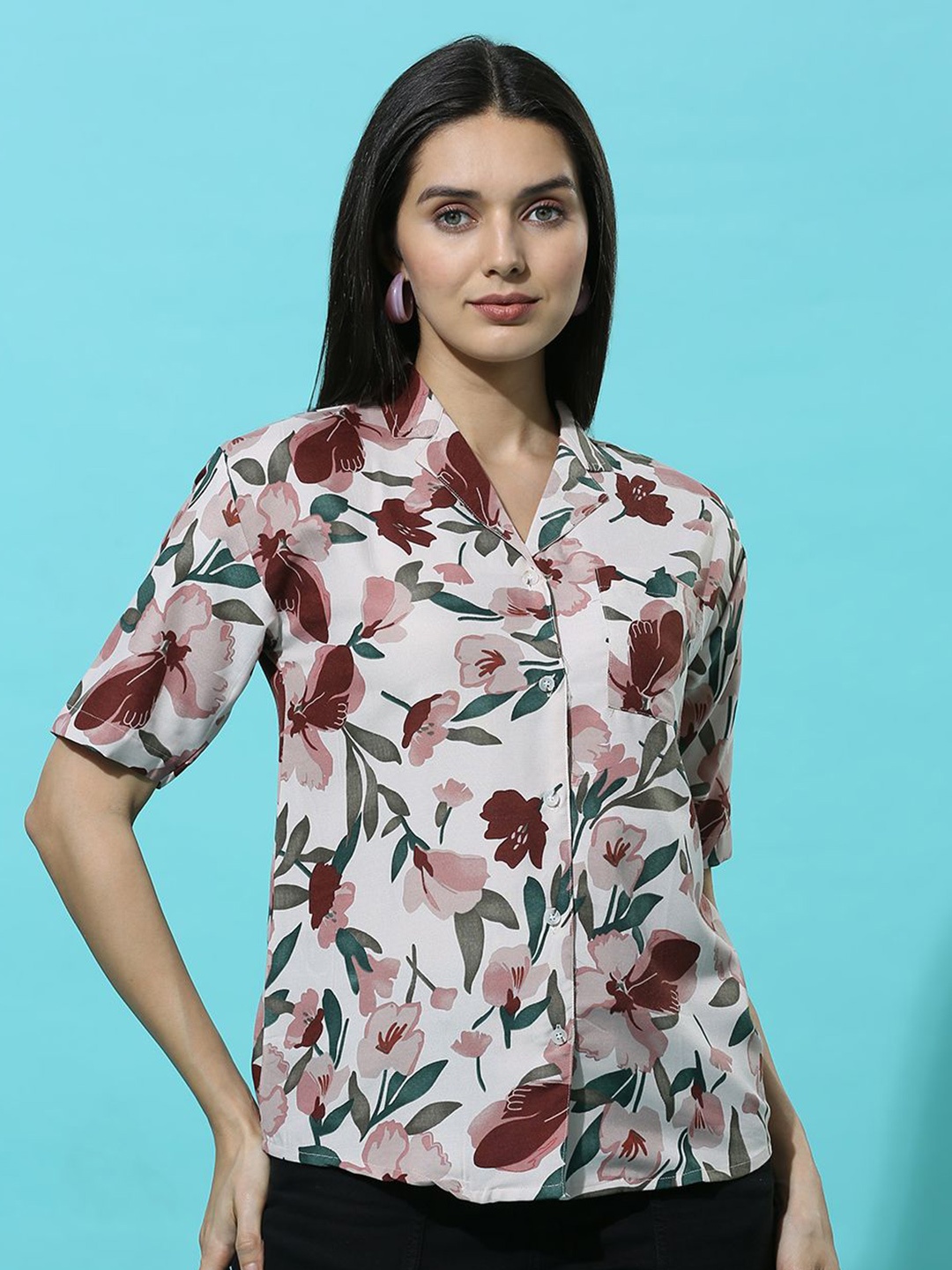 

HERE&NOW Women V-Neck Printed Short Sleeves Top, Off white