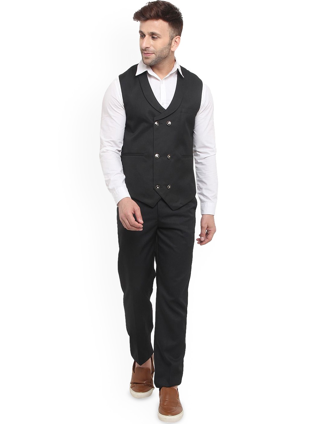 

READYON Men Double-Breasted Regular Fit Waistcoat and Trousers Suit, Black